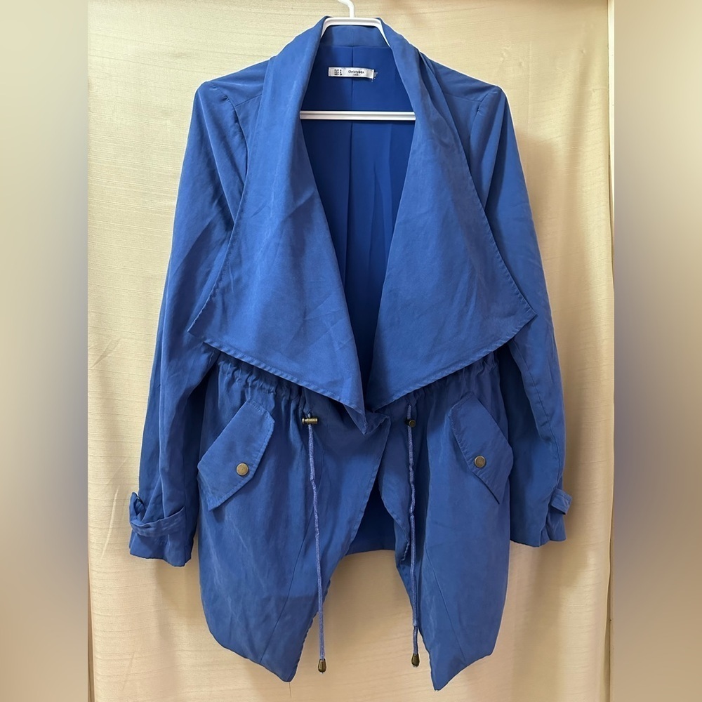 Christy & Co. Y2K Blue Waterfall Utility Jacket Open Front Drawstring Medium - Picture 2 of 8